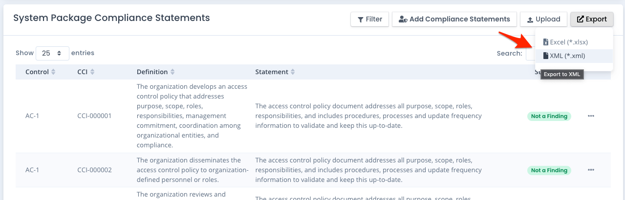 Export System Package Compliance Statements