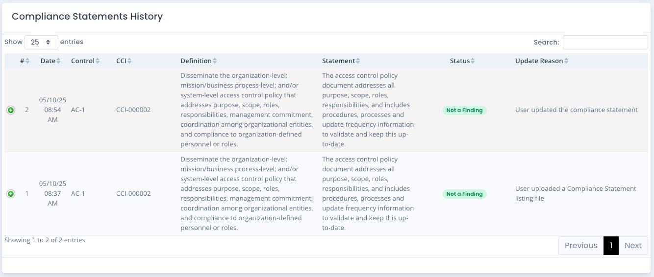 System Package Compliance Statement History