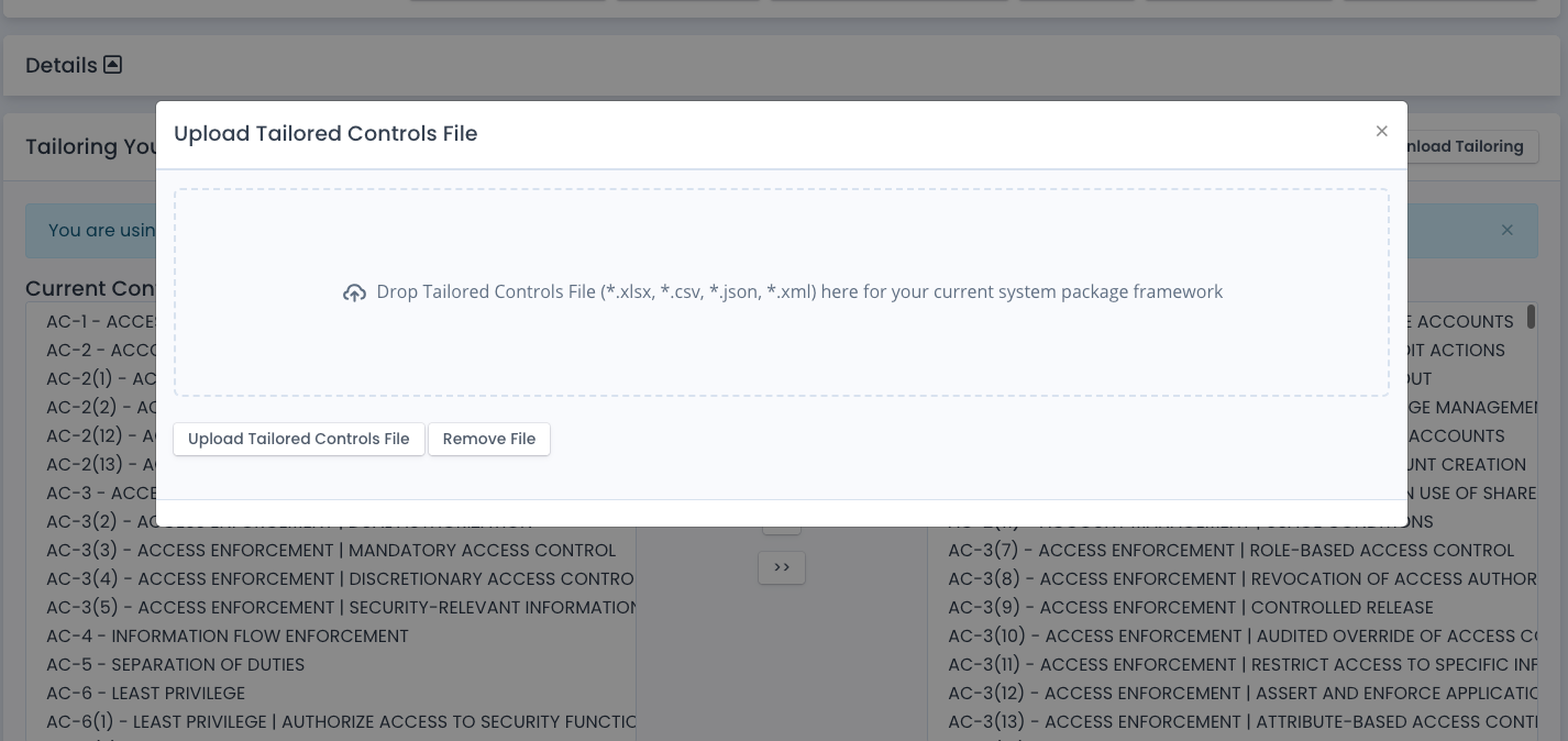 System Package Upload Tailored Controls List
