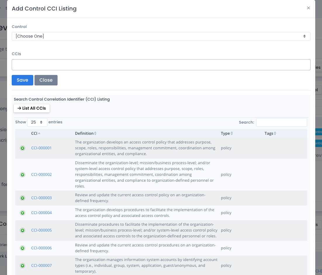 OpenRMF Professional Add a Framework / Control / CCI Combination