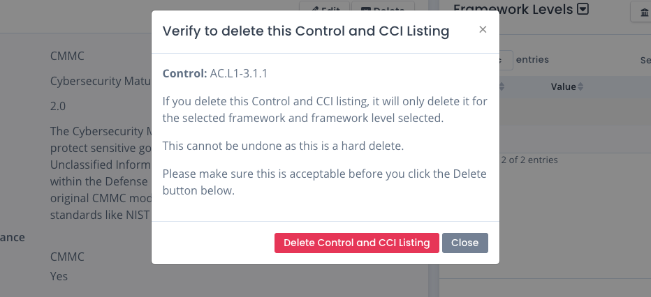 OpenRMF Professional Delete a Framework / Control / CCI Combination
