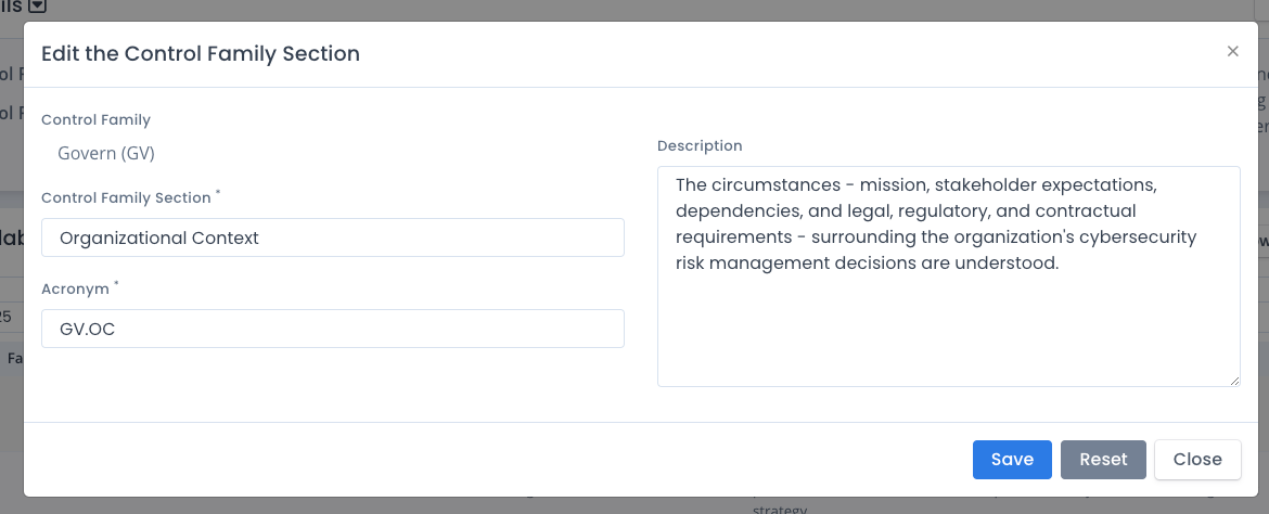 OpenRMF Professional Edit Control Family Section