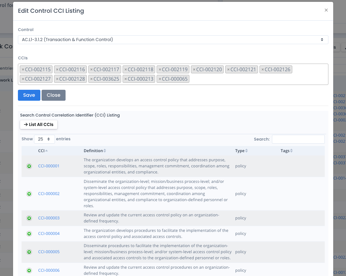 OpenRMF Professional Edit a Framework / Control / CCI Combination