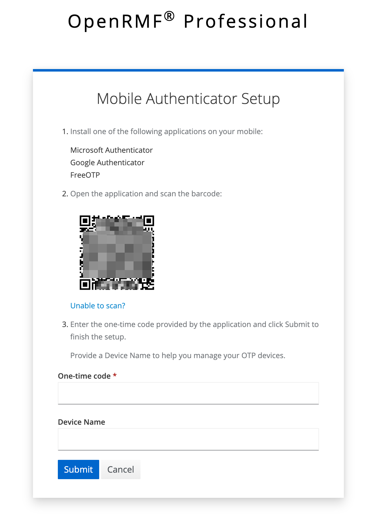OpenRMF Professional User Authentication Settings