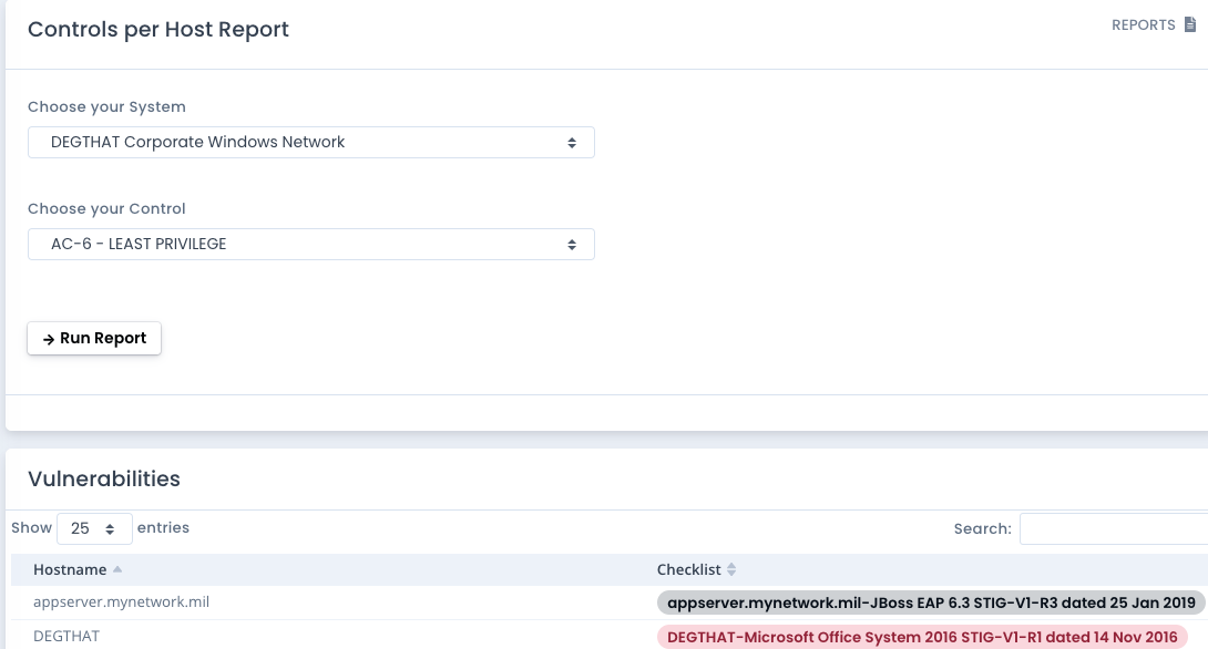 OpenRMF Professional Controls per Host Report