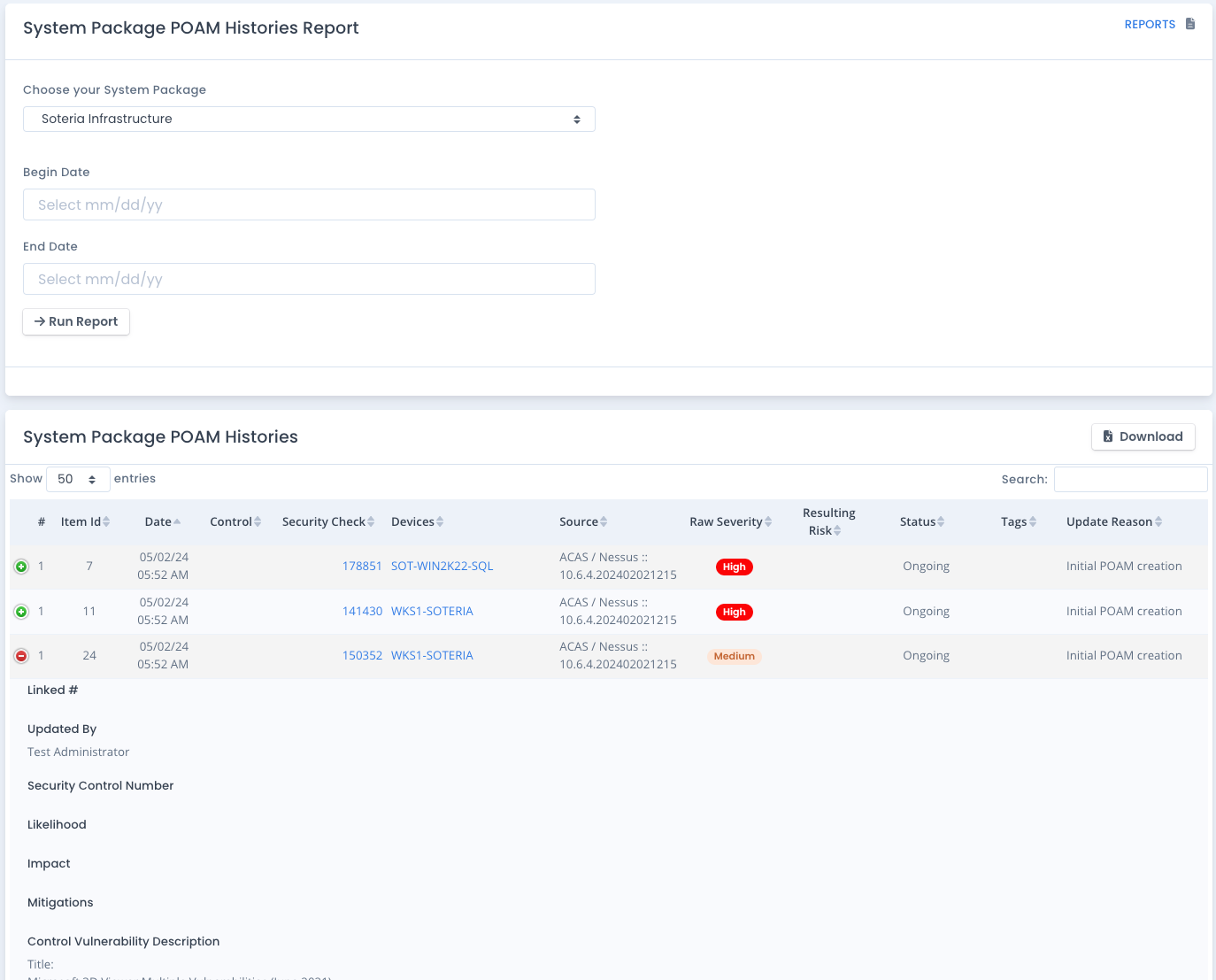 OpenRMF Professional POAM Histories Report