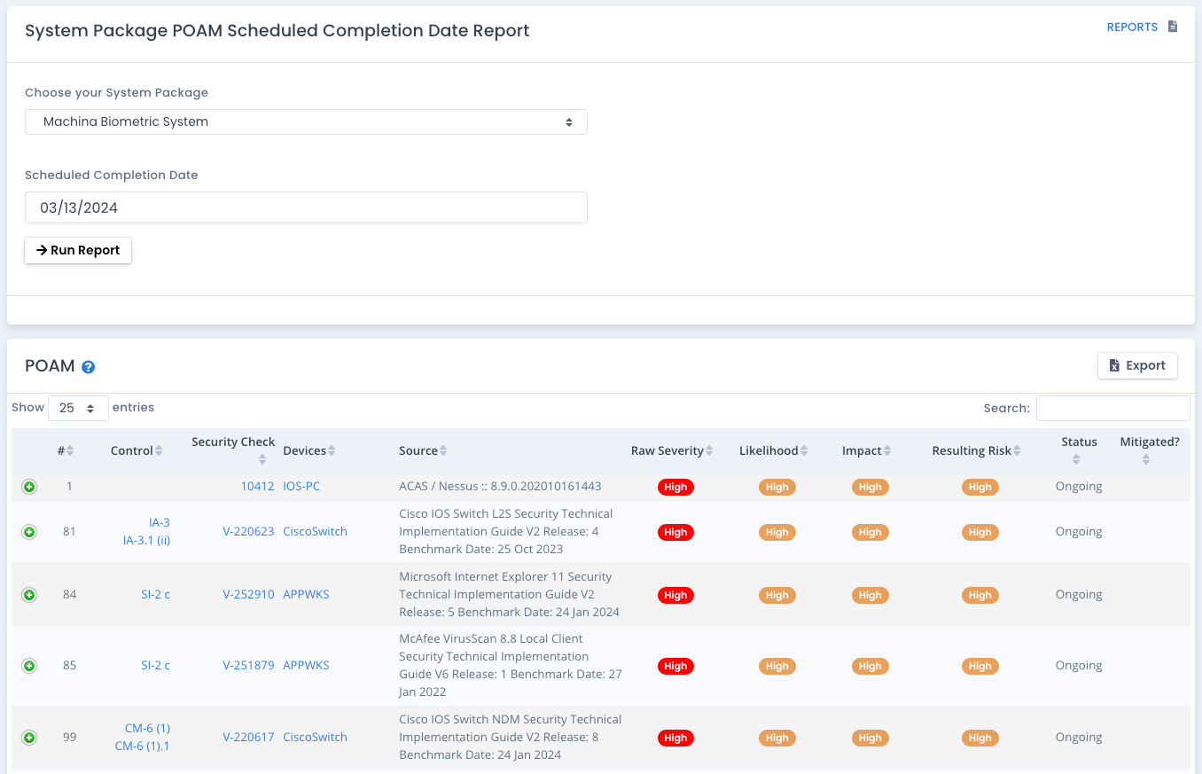 OpenRMF Professional POAM Scheduled Completion Date Report