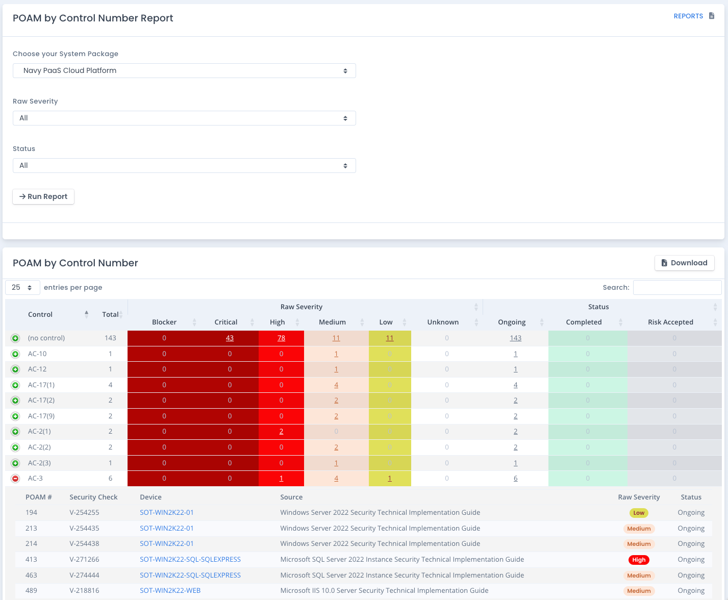 OpenRMF Professional POAM by Control Number Report