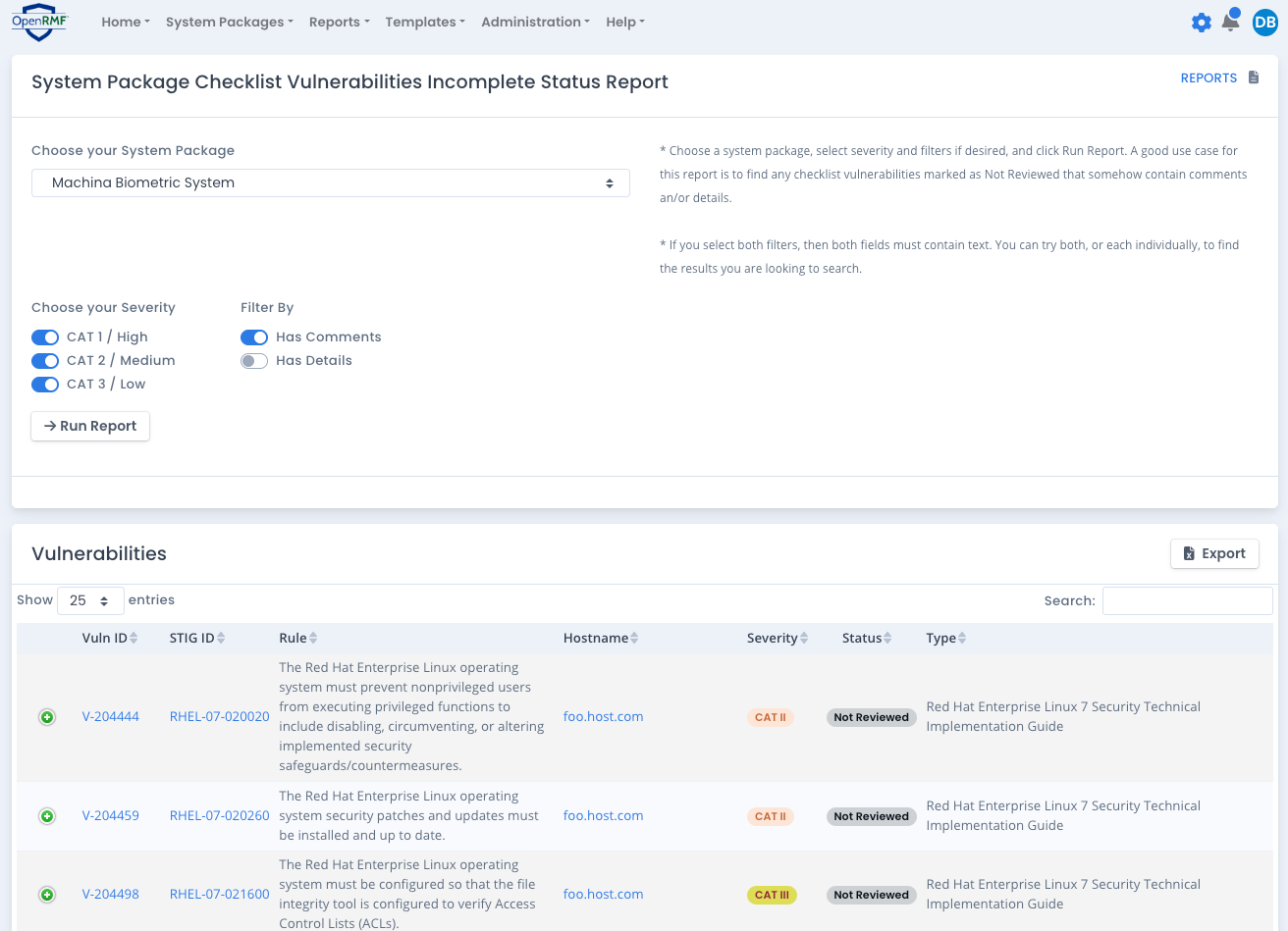 OpenRMF Professional Checklist Vulnerabilities Incomplete Status Report