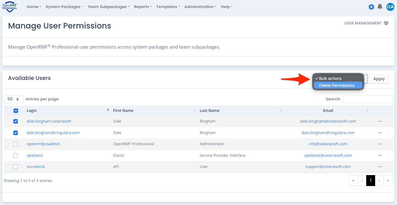 OpenRMF Professional Bulk Delete selected Users' Permissions
