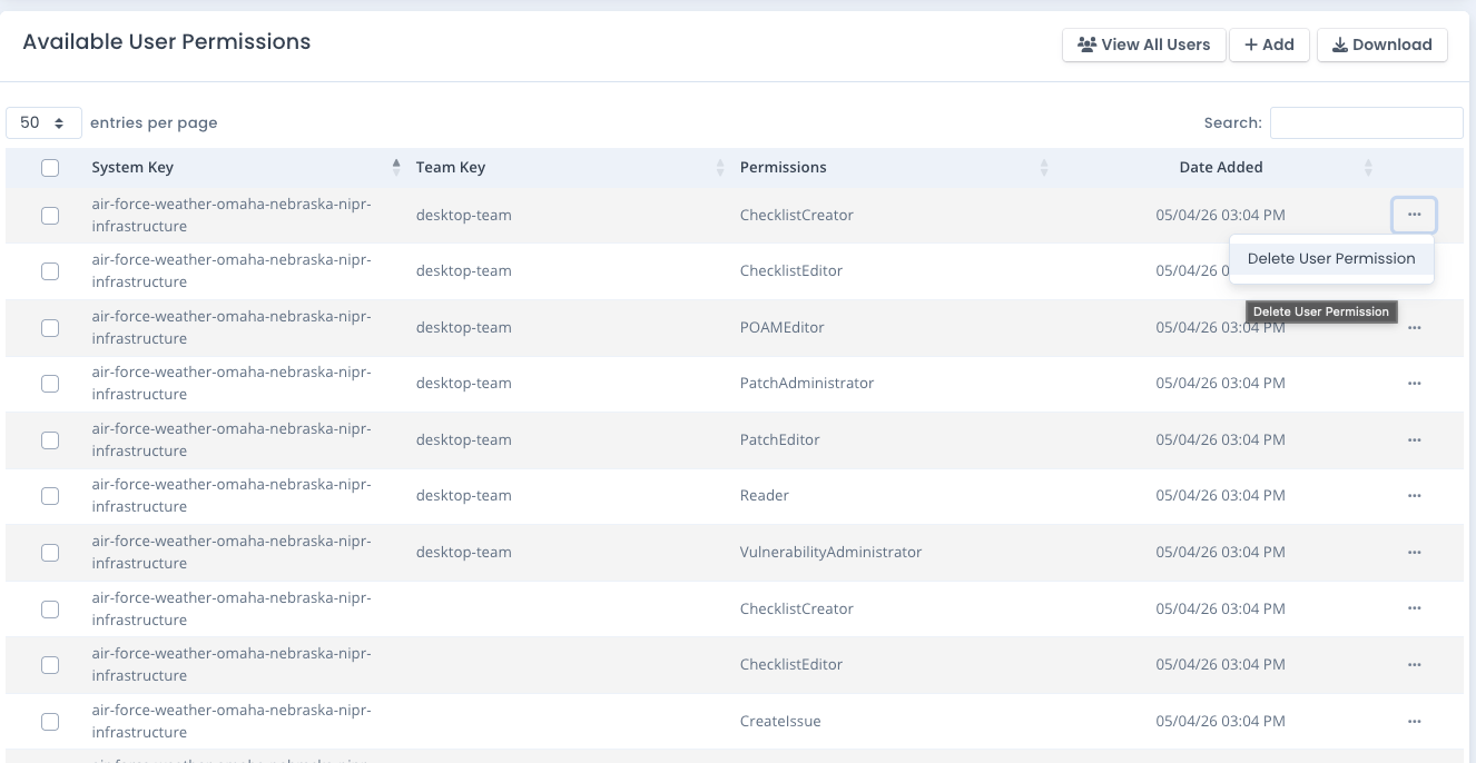 OpenRMF Professional Delete a User Permission