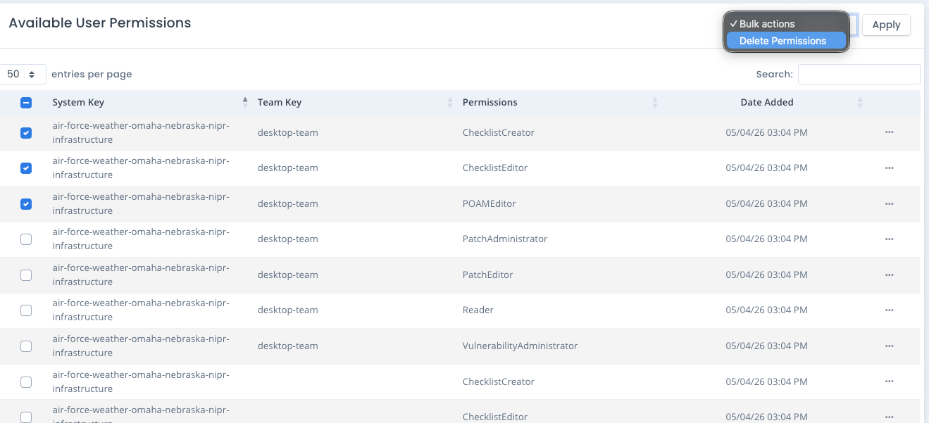 OpenRMF Professional Bulk Delete selected User Permissions