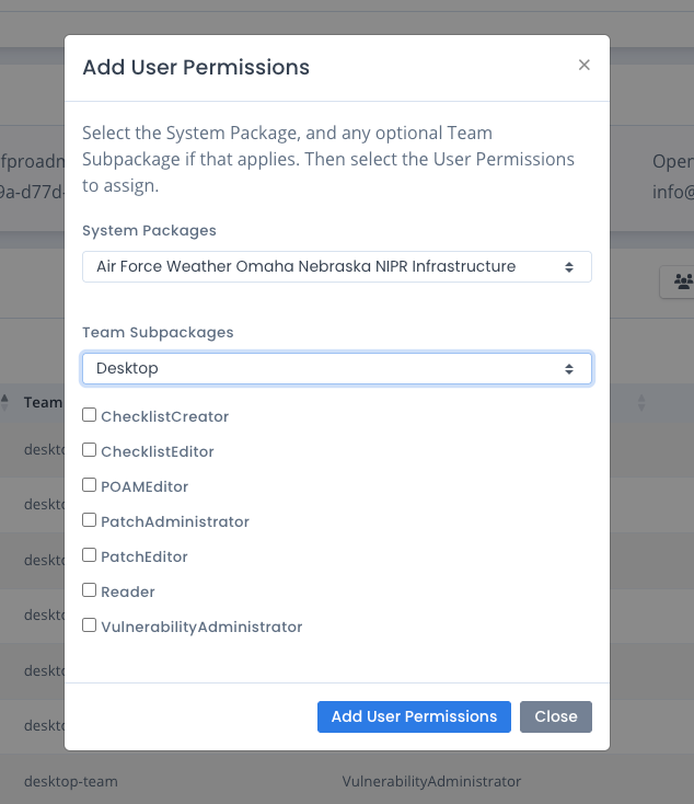 OpenRMF Professional Add Team Subpackage User Permissions