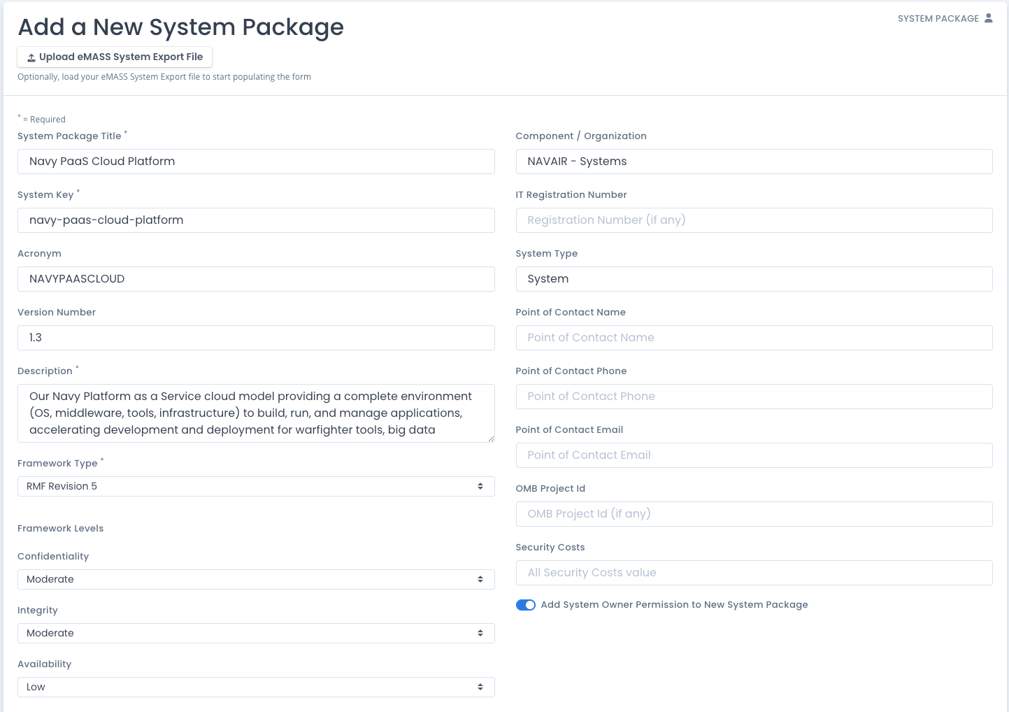 Adding a New System Package via eMASS System Export