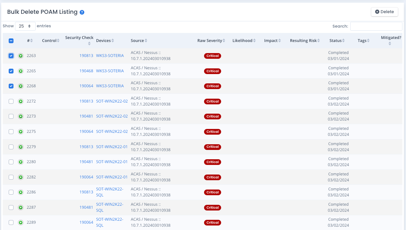 Bulk Delete POAM Results