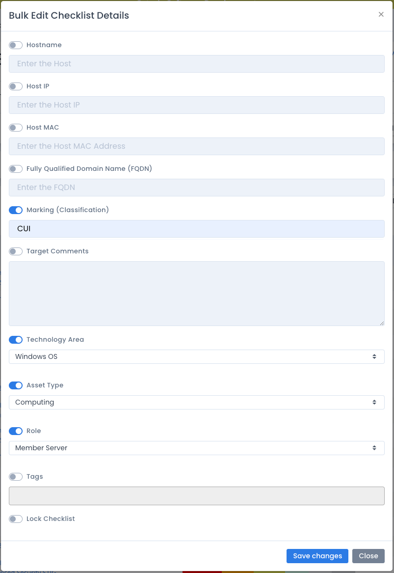 System Package Bulk Edit Checklist Details