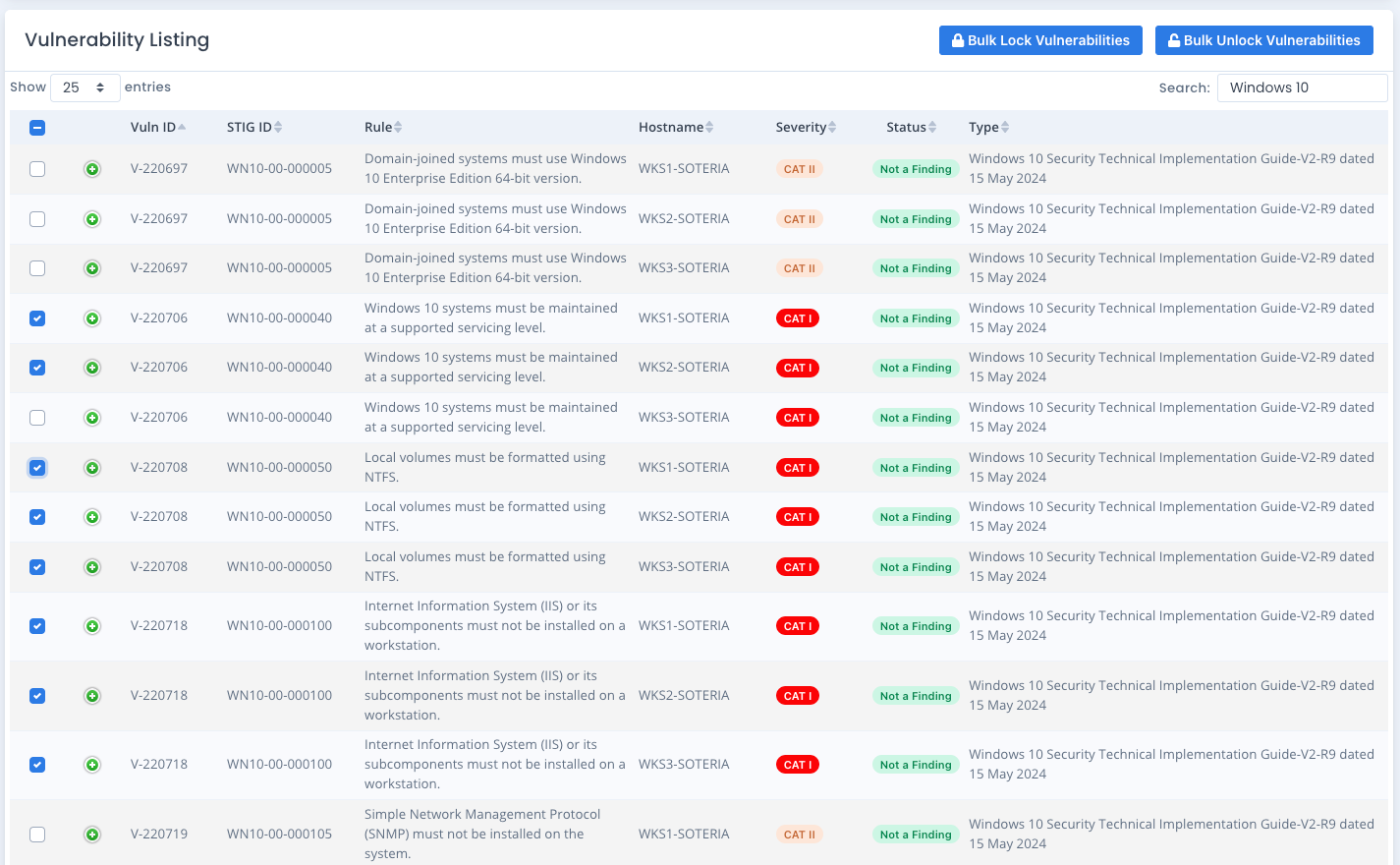 System Package Bulk Lock and Unlock Vulnerabilities Selection