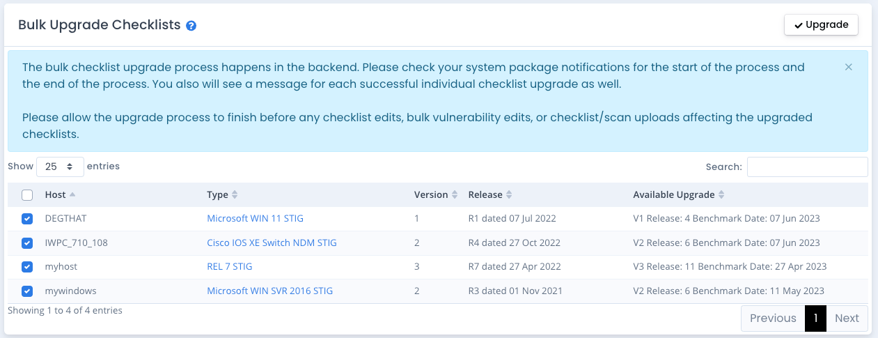 Bulk Upgrade Checklists Result
