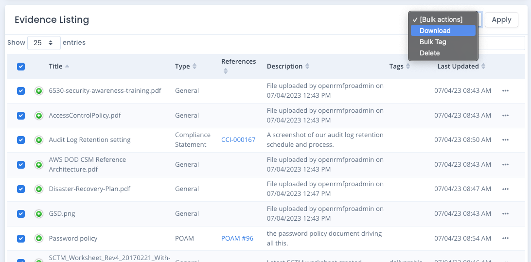 System Package Evidence Bulk Actions