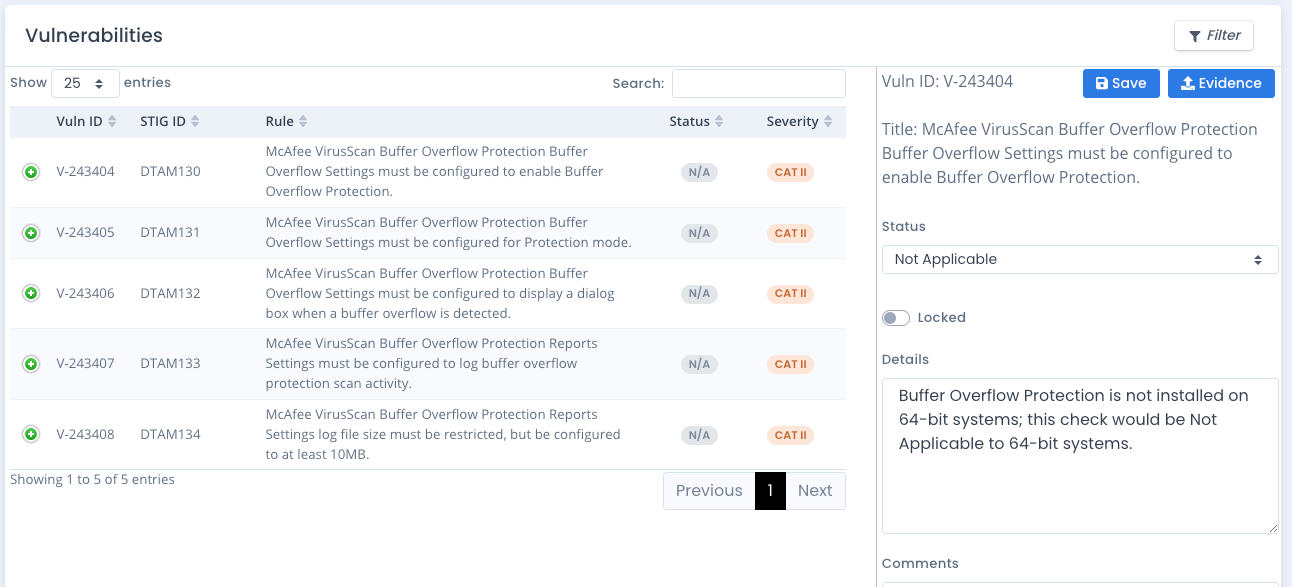 System Package Checklist Vulnerability Evidence button