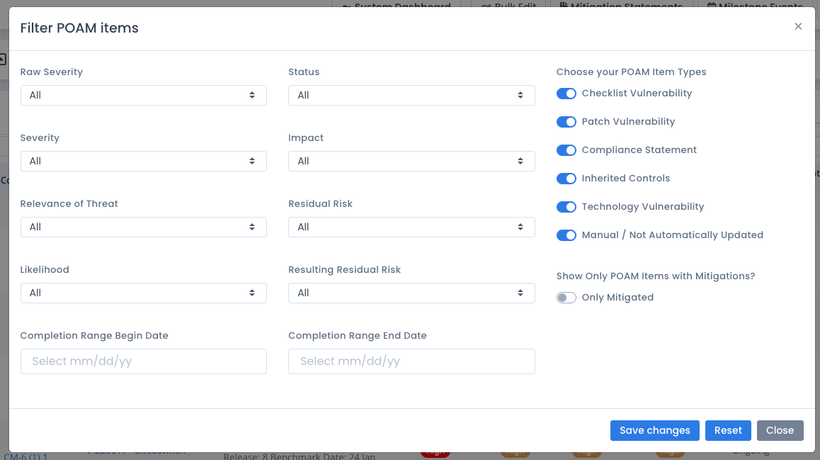 System Package Plan of Action and Milestones Filter