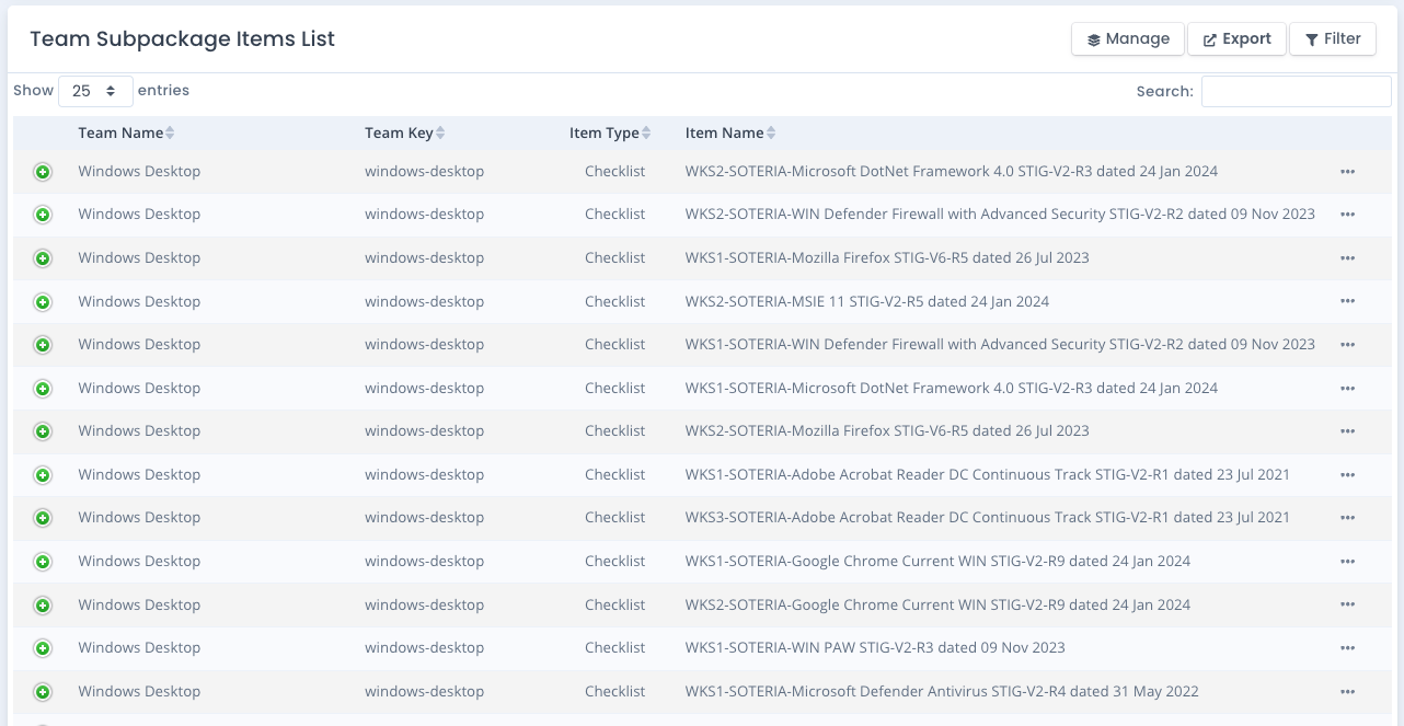 Team Subpackage Listing