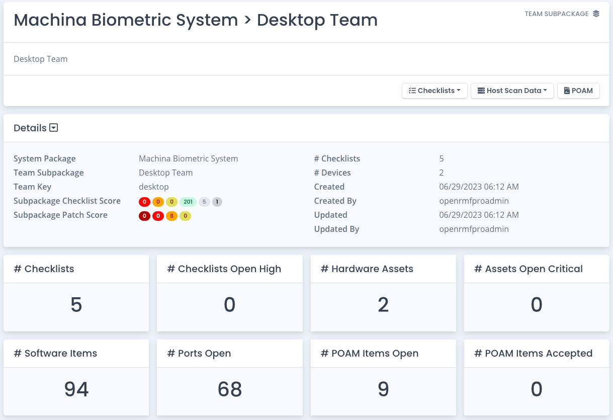 Team Subpackage Dashboard